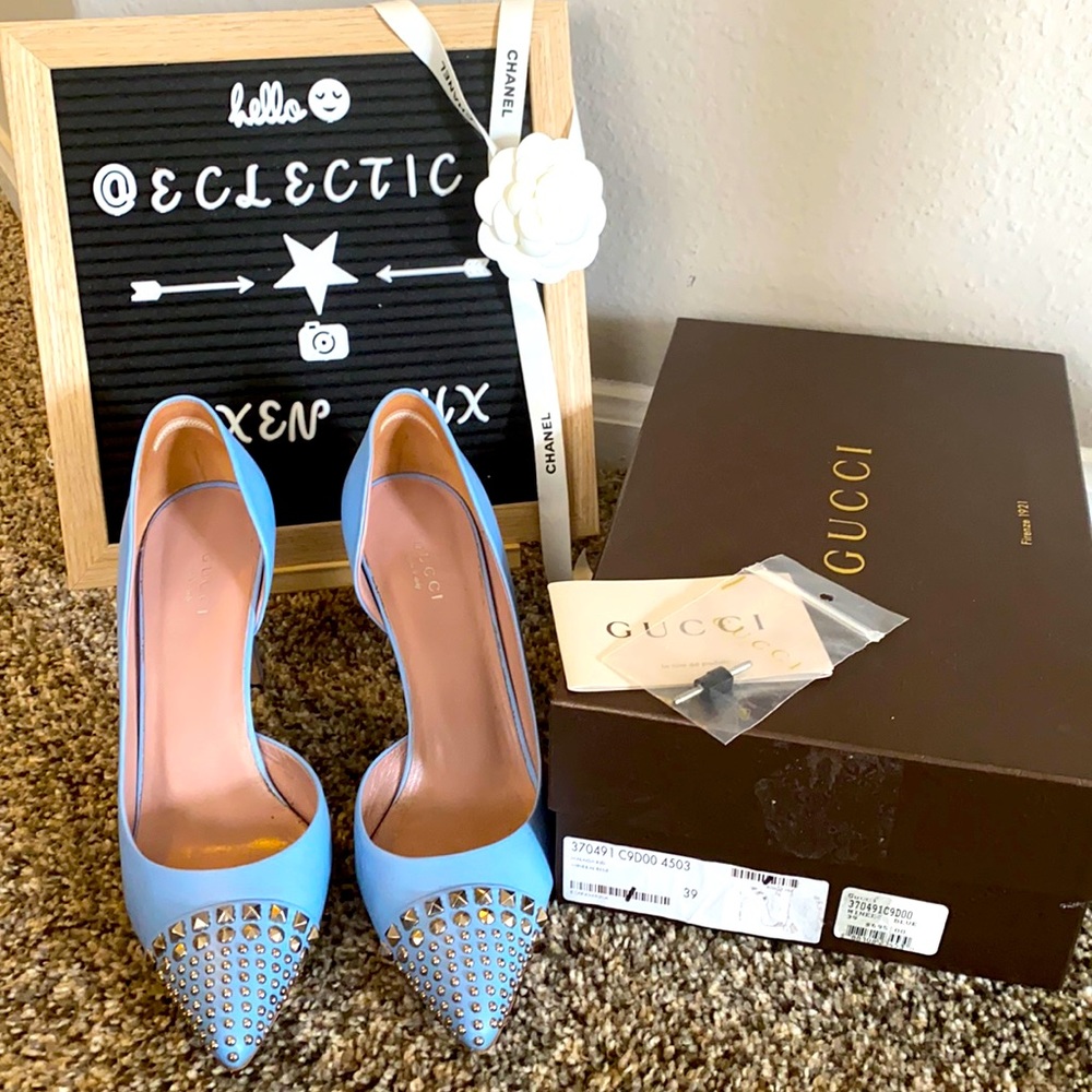 Gucci Malaga Kid Silver Studded Heels